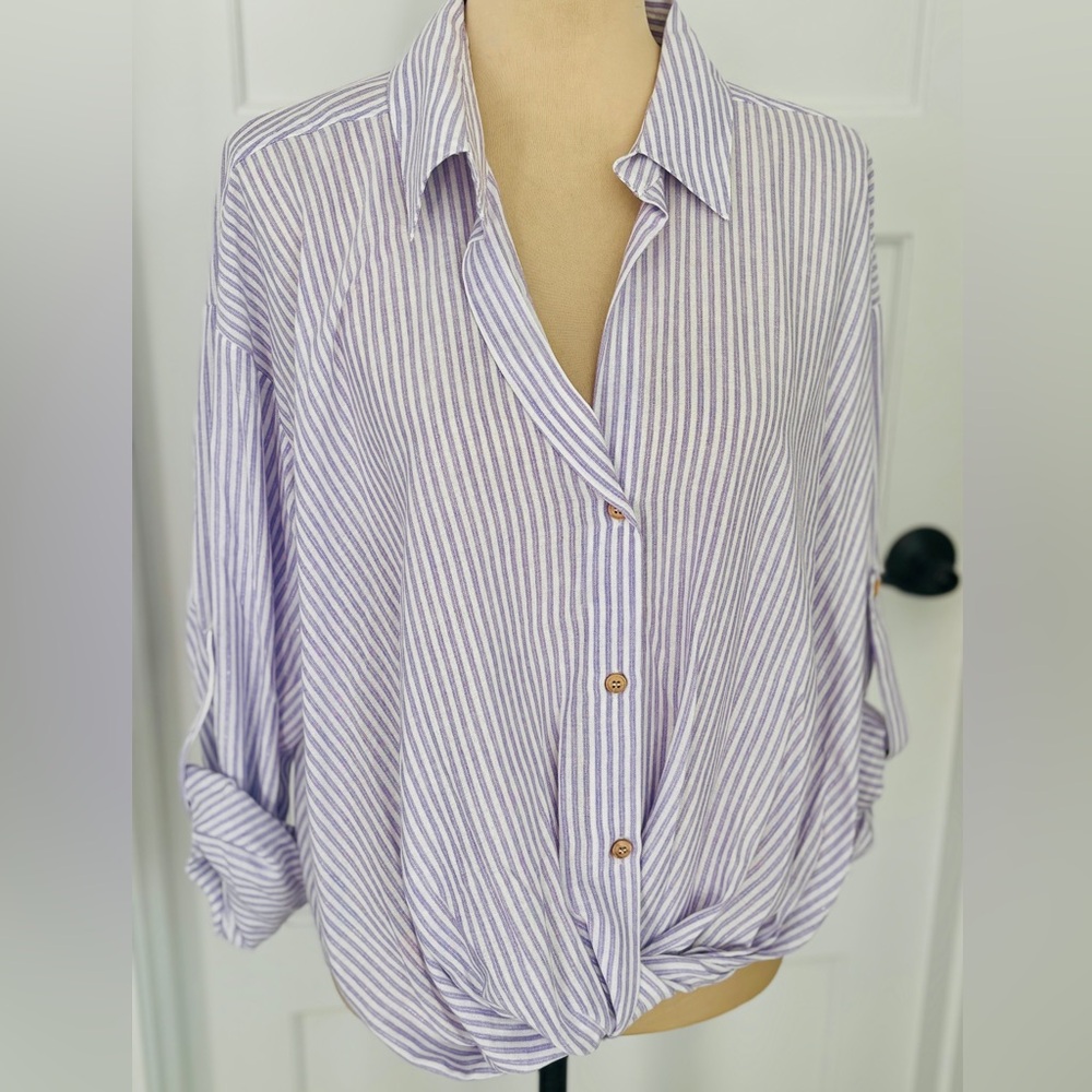 Zara Shirt Purple Striped Knot Blouse Lightweight Top NEW w Tags Size XL 12, 14